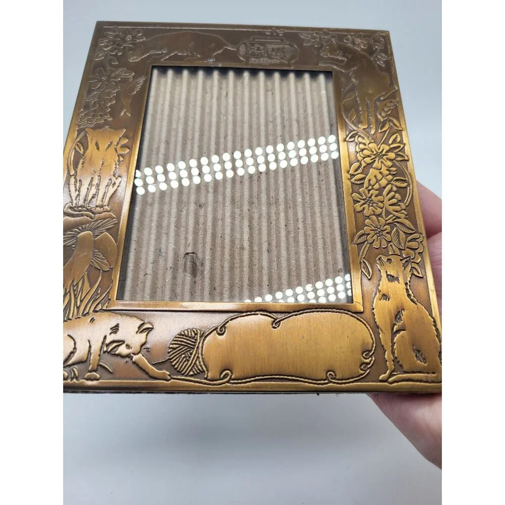 Vintage Brass Photo Frame Cats Mushrooms Floral Art Nouveau 3